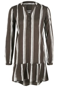 Brązowa i biała w paski sukienka z długim rękawem, z guzikowym dekoltem henley i rozkloszowanym dolnym brzegiem, wykonana z fakturowanej tkaniny.