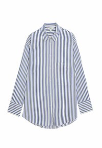 Langärmliges Hemd mit blau-weißen vertikalen Streifen, aus Baumwolle, mit einem Button-Down-Kragen und einer Brusttasche versehen.