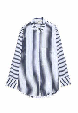 Camicia a maniche lunghe con un motivo a righe verticali blu e bianche, realizzata in cotone, con colletto a punta e tasca sul petto.