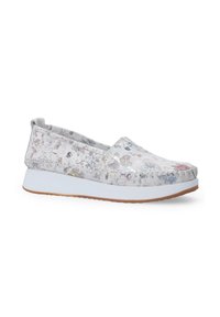 Buty wsuwane z kwiecistym wzorem na jasnoszarym materiale, z białą platformą oraz teksturowaną powierzchnią dla lepszej przyczepności.
