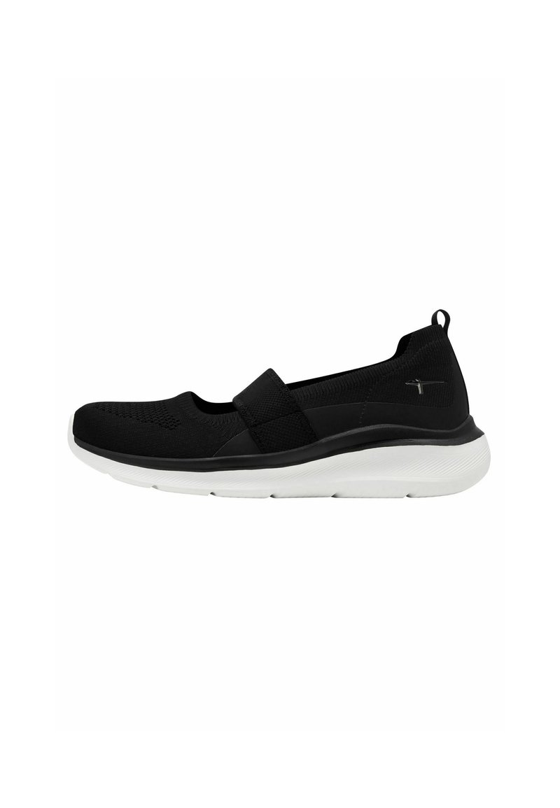 Svart slip-on sko med en texturerad ovandel, elastiskt band och en vadderad vit sula. Minimalistisk design utan framträdande dekorationer.