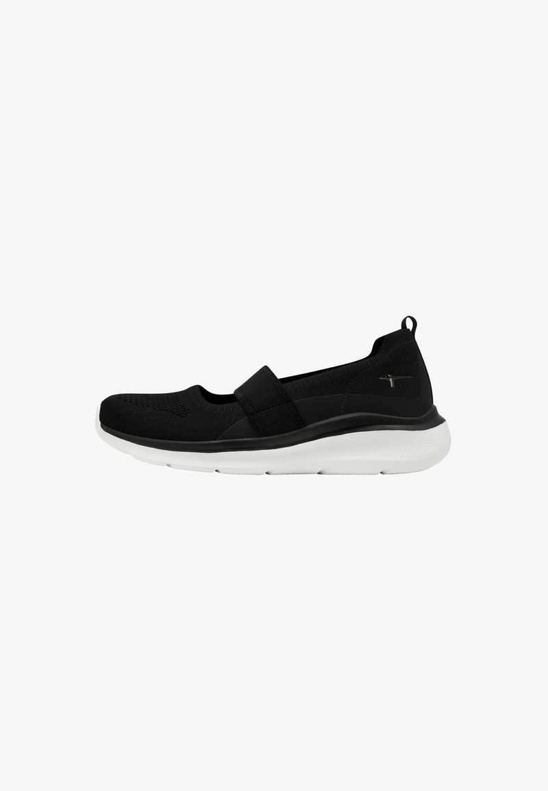 Fekete slip-on cipő, texturált felsőrésszel, elasztikus pánttal és párnázott fehér talppal. Minimalista design, feltűnő díszítések nélkül.