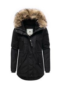 Czarna parka z kapturem wykończonym futrem, z zapięciem na zamek, dwoma przednimi kieszeniami, elastycznymi mankietami oraz miękką, teksturowaną podszewką.