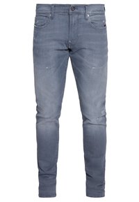 Bleka blå denimjeans med slim fit, fem fickor, subtila slitningar och en klassisk knapp- och dragkedjestängning.