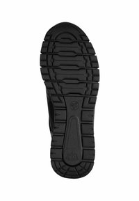 Semelle de chaussure en caoutchouc noir présentant une surface texturée avec de profondes rainures pour l'adhérence. Comprend la marque "Shock Absorber" dans la zone du talon.