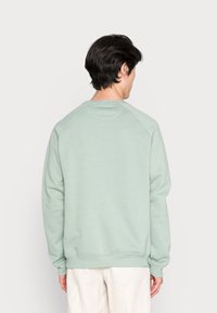 Felpa verde menta con scollo rotondo, polsini e orlo a costine. Presenta una texture liscia e maniche raglan per il massimo comfort.