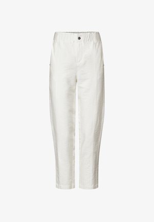 Weiße Leinenhose mit lockerem Schnitt, ausgestattet mit einem elastischen Bund, vorderem Knopfverschluss, Seitentaschen und dezenten vertikalen Nahtdetails.