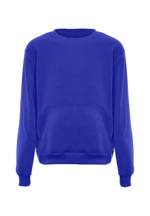 Effen koningsblauwe sweatshirt met lange mouwen, geribde boorden en zoom en een voorzak in kangarostijl.
