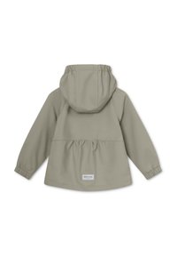 Lichtgrijze jas met capuchon, elastische manchetten en een gathering in de taille. Glad materiaal; beschikt over een klein merkje op de achterkant.