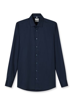 Herren-Dunkelblaues Langarmhemd mit Knopfleiste vorne, Standardkragen und tailliertem Schnitt, dargestellt auf weißem Hintergrund.