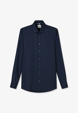 Herren-Dunkelblaues Langarmhemd mit Knopfleiste vorne, Standardkragen und tailliertem Schnitt, dargestellt auf weißem Hintergrund.