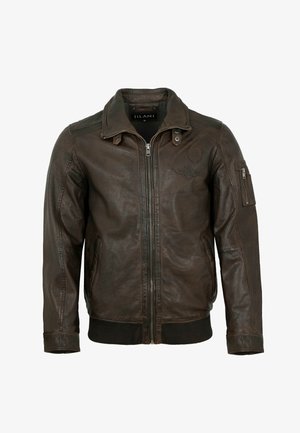 Braune Lederjacke mit Reißverschluss vorne, kleinem Kragen und geripptem Saum. Verfügt über Schulterdetails, Seitentaschen und eine Reißverschlusstasche am Ärmel.