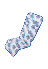 Poduszka siedziskowa z niebieską krawędzią, z kolorowym wzorem w kropki w odcieniach różu, niebieskiego i granatowego. Zaprojektowana z myślą o komforcie, z wyściełanymi sekcjami.
