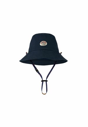 Navy blue bucket hat with adjustable chin strap and patch on front reading "be wild" with sunburst design.