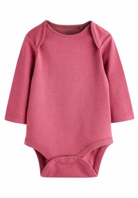 Ilgomis rankovėmis kūdikių bodis švelnios rožinės spalvos, su apvalia kaklo iškirpte, elastingomis rankogaliais ir spaudėmis apačioje, kad būtų patogu apsirengti.