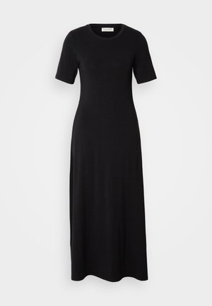 Black maxi dress made of soft, stretchy fabric. Features short sleeves, a crew neckline, and a form-fitting silhouette with a smooth texture.