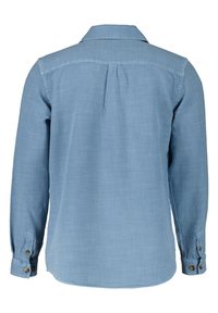 Camicia a maniche lunghe blu chiaro realizzata in tessuto morbido, con colletto, polsini bottonati e una piega decorativa sul retro.