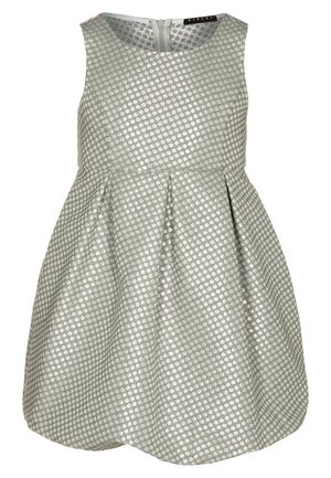 Srebrna sukienka bez rękawów z dopasowanym gorsetem, rozkloszowanym dołem oraz fakturowanym wzorem w kropki, z tylnym zamkiem.