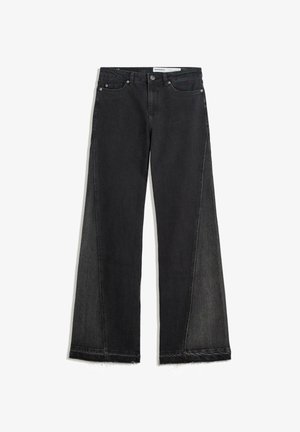 Jeans largi din denim negru cu tiv desfăcut. Prezintă panouri laterale contrastante și un design standard cu cinci buzunare. Închidere cu nasture și fermoar.