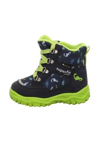 Stivali per bambini neri e verdi con parte superiore decorata da un motivo blu e verde, con occhielli in metallo e suola in gomma texture.