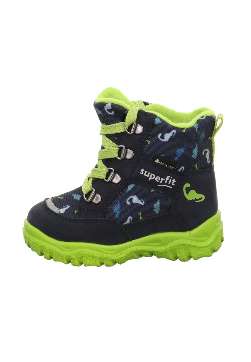 Stivali per bambini neri e verdi con parte superiore decorata da un motivo blu e verde, con occhielli in metallo e suola in gomma texture.