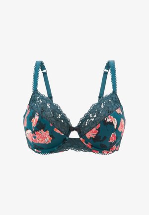Soutien-gorge en dentelle florale turquoise avec des bonnets rembourrés, des bretelles réglables et un détail en nœud au centre. Présente une texture lisse et un bord en dentelle complexe.