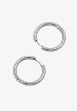 Paartje eenvoudige zilveren oorringen met dunne pennen en scharnierende sluitingen op een witte achtergrond.