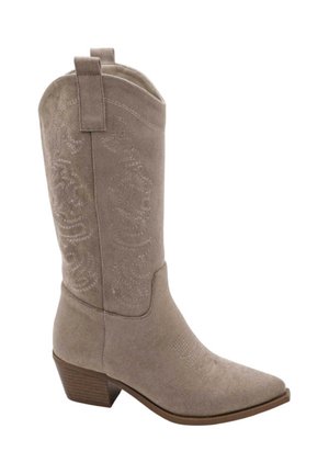 Botte de cowboy western en daim beige avec coutures embossées, bout pointu, languettes de tirage et petit talon empilé.