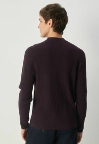 Donkerpaarse trui met een diamantpatroon, lange mouwen en een ronde hals, gemaakt van een textuurgebreide stof.