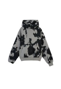 Szary hoodie z czarnymi wzorami tie-dye, z kieszenią kangurką z przodu oraz ściągaczami na mankietach i dole, wyeksponowany na białym tle.