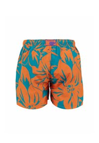 Costumi da bagno da uomo con un vivace motivo floreale arancio e teal. Realizzati in tessuto leggero con vita elastica e etichetta con logo.