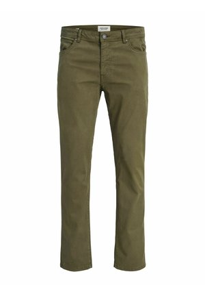 Olijfgroene chino's van zacht katoen, met een klassieke rechte pijp, steekzakken aan de voorkant en een ritssluiting met knoop.