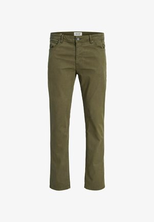 Olive green chinos made of soft cotton, featuring a classic straight leg design, front pockets, and a zip fly with a button closure.