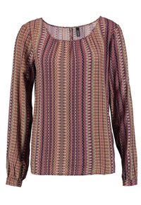 Blusa a maniche lunghe in tessuto leggero con un motivo a zigzag multicolore in tonalità di rosso, rosa e beige, con scollo a girocollo.