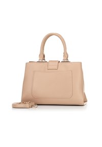 Sac à main en cuir beige avec deux poignées supérieures, poche avant et bandoulière détachable, placé à côté sur fond blanc.