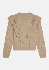 Beige strikkegenser med kabelmønster og teksturerte volanger langs skuldrene. Ribbede kanter ved hals og ermer fullfører designet.
