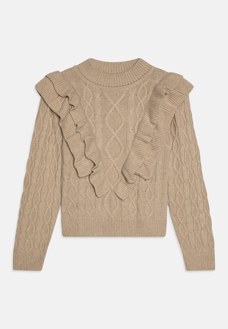 Beige strikkegenser med kabelmønster og teksturerte volanger langs skuldrene. Ribbede kanter ved hals og ermer fullfører designet.