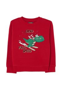 Roter Kinderpullover mit Cartoon-Dinosaurier, der Ski fährt, eine Schutzbrille und einen Schal trägt, mit dem Text "Dino Vollgas" auf der Vorderseite.