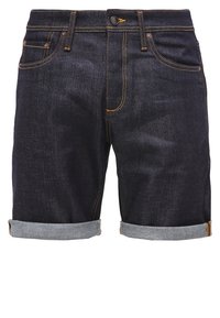 Džínové šortky v tmavém odstínu s ohrnutými lemy, žlutým šitím na švech, pěti kapsami a zapínáním na přední knoflíky.