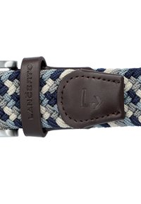 Woven pas w kolorze niebieskim, szarym i kremowym z brązowym skórzanym klamrą i szczegółowym przeszyciem; zawiera oznakowaną skórzaną metkę.