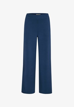 Pantaloni larghi color navy con una texture liscia, vita elasticizzata e senza chiusure visibili. Realizzati in un tessuto morbido e leggero, adatto per un look informale.