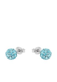 Runda silverfärgade studs med klunga av ljusblå kristaller på framsidan, med fjärilsspärrar.