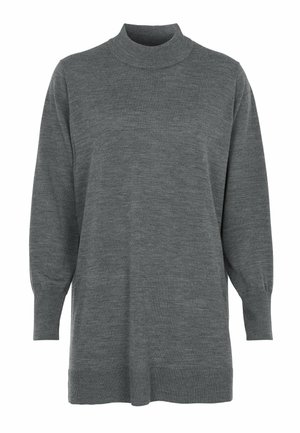 Harmaa neulepaita, jossa on korkea kaulus, pitkät hihat ja ribbauslahkeet. Pehmeä rakenne, suora leikkaus ja hieman pidennetty helma.