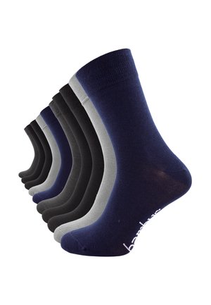 Set of socks in navy, black, and gray. Cotton material with a smooth texture. Ankle length with a ribbed cuff and logo detail on the side.