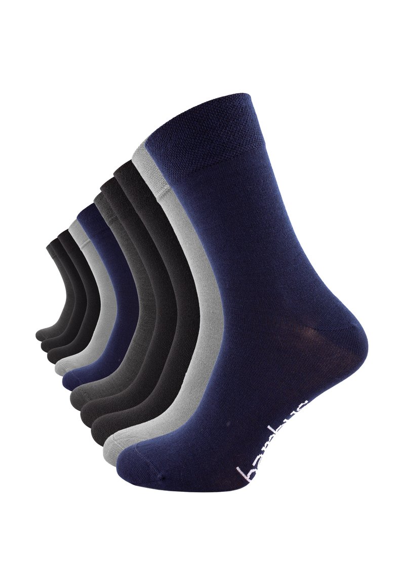 Set di calze in blu navy, nero e grigio. Materiale in cotone con una consistenza liscia. Lunghezza alla caviglia con polsino a coste e dettagli del logo sul lato.