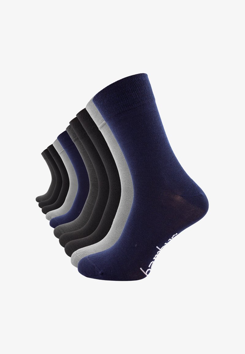 Ensemble de chaussettes en bleu marine, noir et gris. Matériau en coton avec une texture lisse. Longueur cheville avec un poignet côtelé et un détail de logo sur le côté.