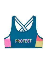 Plavi sportski grudnjak s više boja u ružičastoj, žutoj i zelenoj. Ima logo "PROTEST" i križno oblikovane naramenice na leđima.