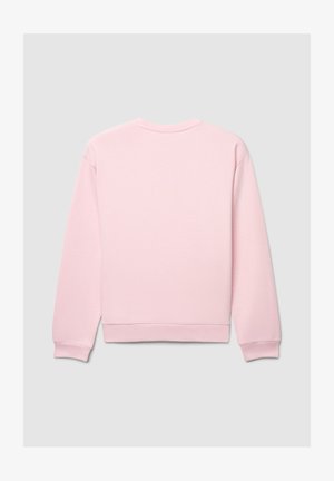 Sweat-shirt rose avec un col rond, des poignets et un ourlet côtelés. Confectionné en tissu doux, offrant une texture lisse et un design simple.