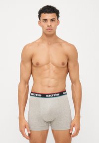 Gray cotton boxer briefs with a black, red, and blue logo waistband, featuring a snug fit and smooth texture, displayed on a plain background.