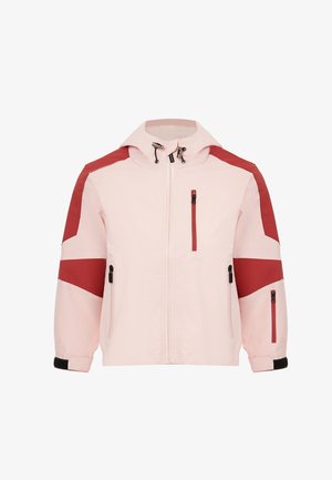 Lyserød jakke med røde skulderdetaljer, lynlåslommer og hætte med snøre. Lavet af slidstærkt materiale og med en afslappet pasform.